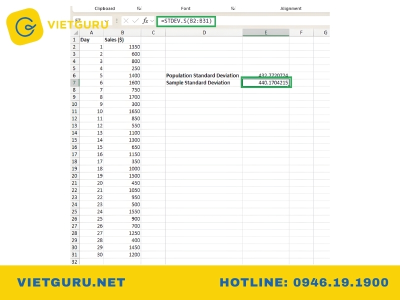 Cách tính độ lệch chuẩn trong Excel với hàm STDEV.P và STDEV.S 