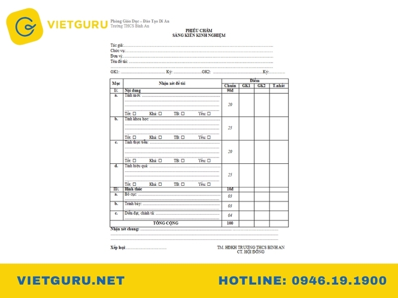 Nhận xét sáng kiến kinh nghiệm chuẩn – Hướng dẫn và mẫu mới nhất Mẫu phiếu đánh giá sáng kiến kinh nghiệm số 02