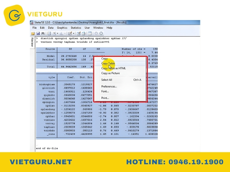 Cách xuất kết quả và báo cáo trong Stata