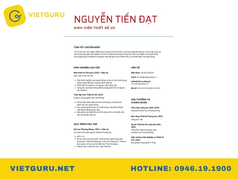 Mẫu cv xin thực tập có kinh nghiệm 3