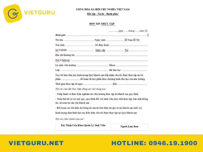 Mẫu đơn xin thực tập theo ngành nghề