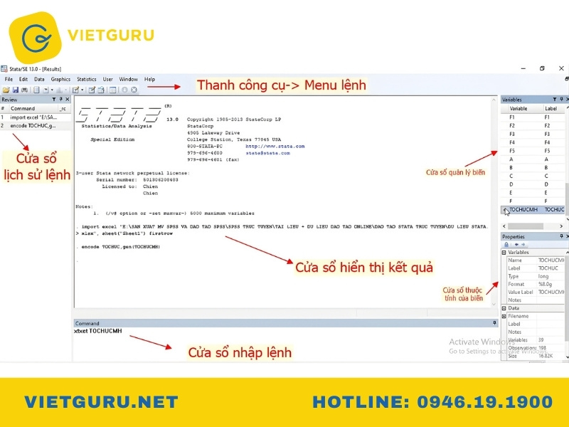 Các thành phần chính trong giao diện Stata