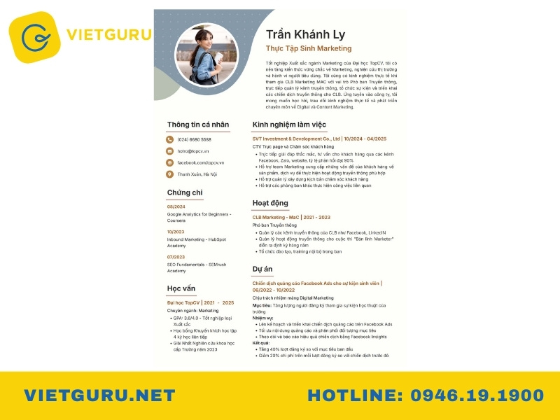 Mẫu CV part time cho sinh viên